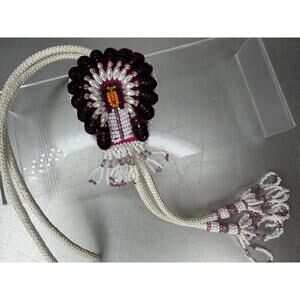 Vintage Southwestern Chief Native American Seed Beed Sequin Fringe Bolo Tie